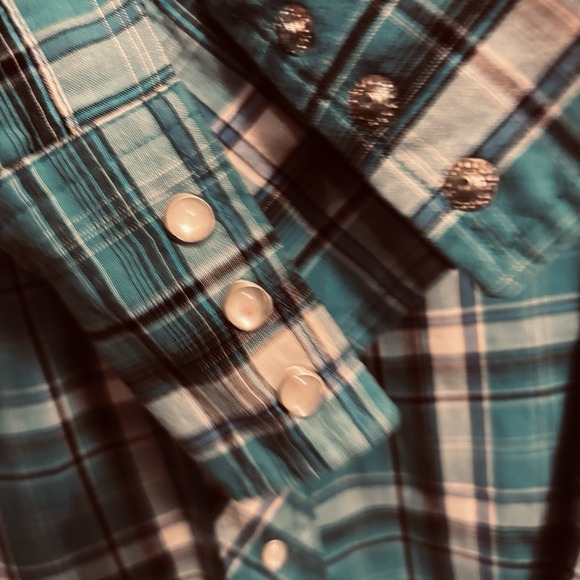 Wrangler mens large teal plaid Pearl Snap Western Shirt Long Sleeve Cowboy Rodeo - Picture 5 of 9